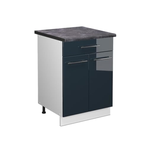 Vicco Küchenunterschrank Fame-Line, Dunkelblau Hochglanz/Weiß, 60 cm mit Schublade, AP Anthrazit