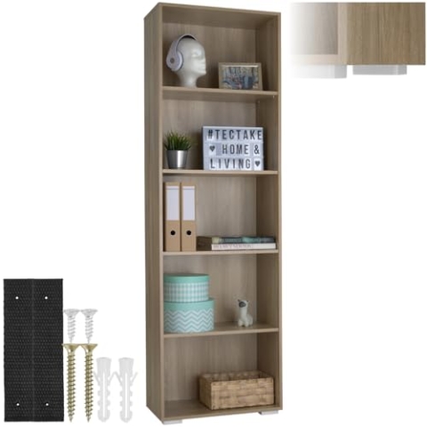 tectake® Bücherregal, Regal Holz, Standregal mit 5 offenen Fächern für Bücher, CD Regal, als Wohnwand Wohnzimmer, Home Office oder Büro, als Regal Küche oder Kinderregal - Holz hell, Eiche Sonoma