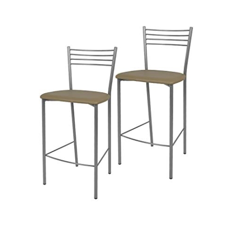 Tommychairs - 2er Set moderne Barhocker ELENA für Küche und Esszimmer, robustes Gestell aus lackiertem Stahl, Farbe Aluminium, gepolsterte Sitzfläche mit KUNSTLEDER in der Farbe Cappuccino bezogen