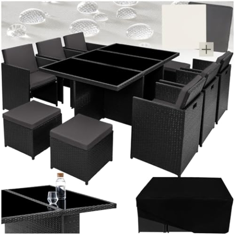 tectake Polyrattan Gartenmöbel Set, Sitzgruppe mit 6 Stühle +1 Glasplatte Tisch + 4 Hocker, Gartenlounge Set klappbar, für bis zu 10 Personen, Balkon Möbel, inkl. 2 Bezugsset - schwarz