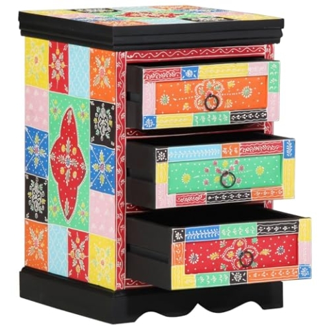 vidaXL Bunte Bohemian Kommode mit 3 Stauraumeinheiten aus natürlichem Holz Dekorationsstück für Schlafzimmer und Wohnzimmer Einzigartiges geometrisches Design Glatte Oberfläche Kompakte Größe
