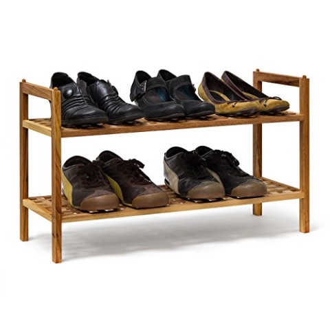 Relaxdays 5 x Schuhregal Walnuss im Set, Schuhaufbewahrung stapelbar, Schuhablage mit je 2 Etagen, offen, je 6 Paar Schuhe, Natur