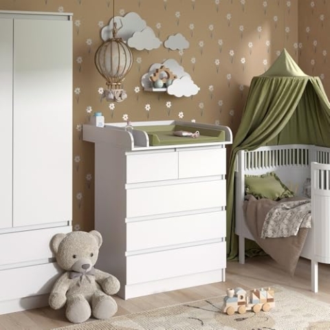 Vicco Wickelkommode Emma, Wickelaufsatz für die Kommode, Weiß, 80 x 110.2 cm mit 5 Schubladen