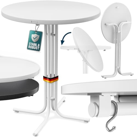 Casaria® Stehtisch Klappbar Outdoor Gastro Bistrotisch 2X Haken Ø 80 cm Rund Witterungsbeständig Weiß Bartisch pulverbeschichtet Metall MDF