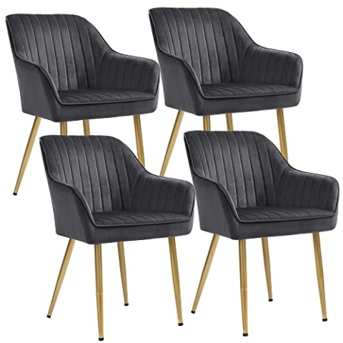SONGMICS Esszimmerstuhl, 4er Set, Küchenstuhl, Sessel, Samt, Polsterstuhl mit Armlehnen, Loungesessel, bis 120 kg belastbar, Metallbeine, für Esszimmer, Küche, grau-goldfarben LDC077G01-4