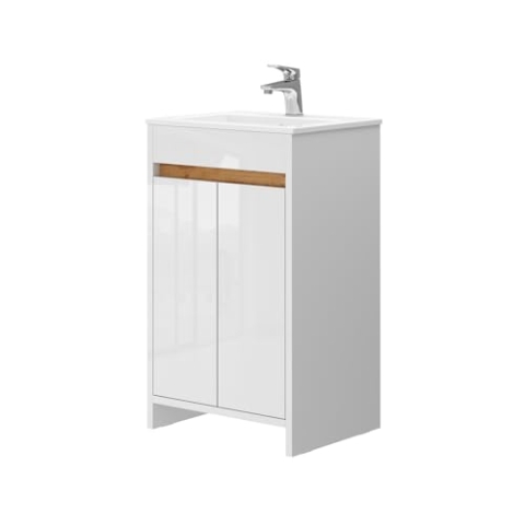 Vicco Badmöbel-Set Lemgo, Weiß/Weiß Hochglanz, 2 Teile, mit Waschbecken und 2 Flügeltüren