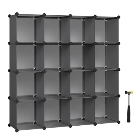 SONGMICS Schuhregal, Regalsystem, Steckregal, Set aus 16 Würfeln, DIY Regal, stapelbar, aus PP-Kunststoff, als Garderobe, für Schlafzimmer, Büro, 31 x 123 x 123 cm, grau LPC442G01