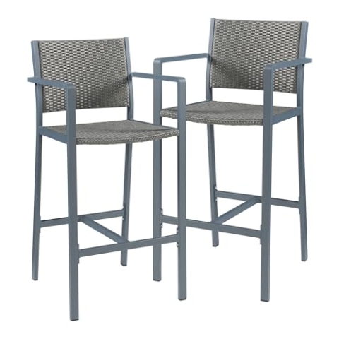 casa.pro Outdoor Barhocker 2er Set Avise Barstuhl mit Lehne bis 150 kg Aluminium Gartenstühle 113 x 56 x 56 cm Garten-Barhocker wetterfest Polyrattan Anthrazit/Dunkelgrau