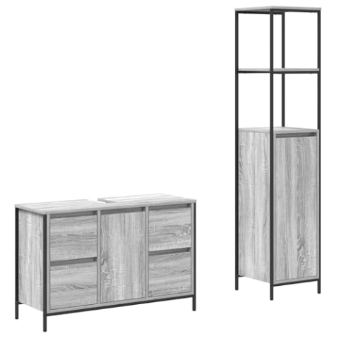 vidaXL Modernes Badezimmer-Waschschrankset mit verstellbaren Füßen und viel Stauraum in Grau Sonoma Schwarz Finish für Zuhause, Waschraum, Bad, Schrank, Einheit, Waschbecken
