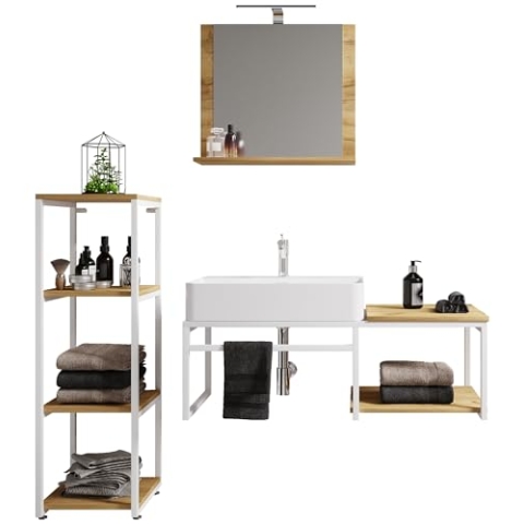 VCM 4-TLG. Waschplatz Waschtisch Badmöbel Set Waschbecken Holz Metall Industrial Style Bitila 100 V2 Weiß/Honig-Eiche