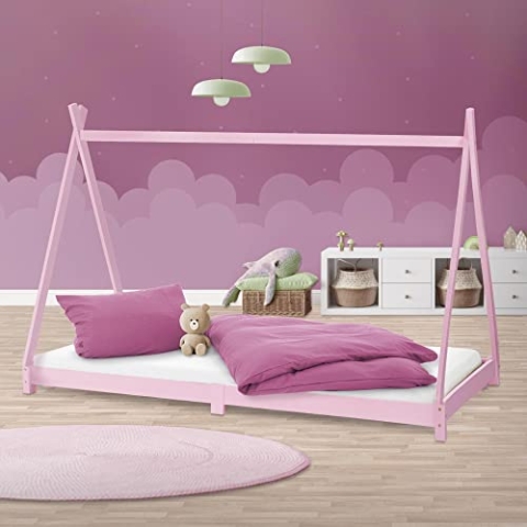 ML-Design Kinderbett Tipi 90 x 200 cm mit Lattenrost, Rosa, Indianer Bett aus Massivholz, Hausbett für Mädchen, Kiefernholz, Kinderhaus Jugendbett Holzbett Bettenhaus Spielbett Bettgestell Zelt