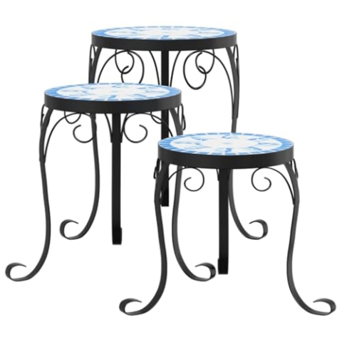 vidaXL Pflanzenständer 3 STK., Blumenständer Mosaik-Design, Blumenhocker für Garten Balkon Terrasse, Blumensäule Dekoständer, Blau Weiß Keramik