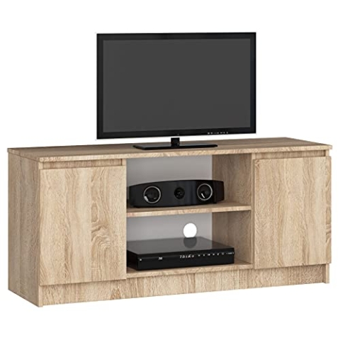 AKORD Fernsehkommode K-120 | EIN offenes Regalfach | 2 Ablagen mit Türen Links und rechts | H55 x B120 x T40 cm | Gewicht 30 kg | Gewicht 30 kg | Farbe Sonoma Eiche