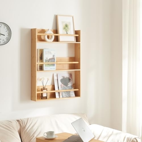 [en.casa] Wandregal Hareid mit 3 Ablageflächen Hängeregal mit Stangen in der Mitte Wandboard Schweberegal aus Bambus 80x60x12cm für Wohnzimmer, Küche, Bad