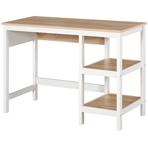 HOMCOM Schreibtisch mit 2 Ebenen Regal, Computertisch, Bürotisch, MDF, Natur+Weiß, 110 x 48 x 76,2 cm