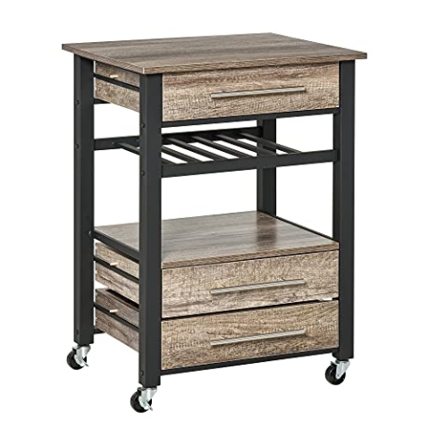 HOMCOM Küchenwagen Küchenrollwagen Servierwagen mit Schublade Ablage Spanplatte Metall Grau Eiche 60 x 50 x 84,5 cm