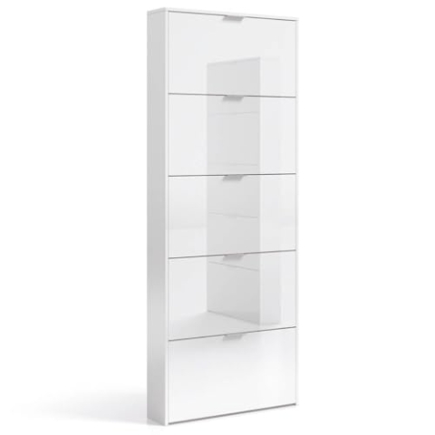 Schuhschrank mit fünf Türen mit Klappenöffnung, glänzend weiß, Maße 70 x 180 x 17 cm