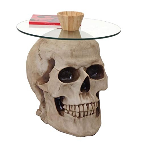 Mendler Beistelltisch Totenkopf HWC-A19, Glastisch Wohnzimmertisch Couchtisch Totenschädel, Polyresin rund Ø55cm Natur