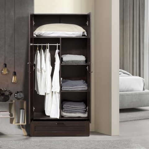 [en.casa] Kleiderschrank Finning 2-türig 176 x 80 x 52 cm Garderobenschrank mit 1 Kleiderstange, 4 Fächern und 1 Schublade Walnuss, dunkel