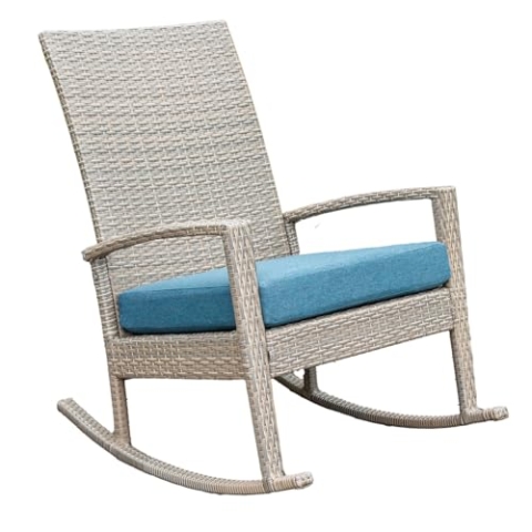 Ogarden Rocking Chair, Garten schaukelstuhl wetterfest, Poly Rattan Outdoor Schaukelstuhl, Schaukelsessel mit Kissen, für Garten, Terrasse, Balkon, Relaxsessel Gartenstuhl (Creme - Blaues Kissen)