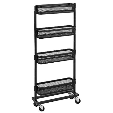 SONGMICS Rollwagen mit 4 Ebenen, Nischenregal, Küchenwagen, Badregal, Küchenregal, platzsparend, einfacher Aufbau, Küche, Büro, Badezimmer, Wohnzimmer, schwarz BSC065B01