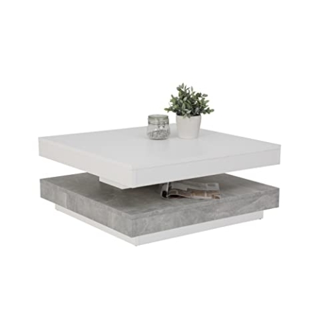 Hela Tische, Couchtisch Wohnzimmertisch Andy, Quadratisch, Holzwerkstoff ,Tischplatte drehbar 360°, Weiß/Beton, 67x67x35cm