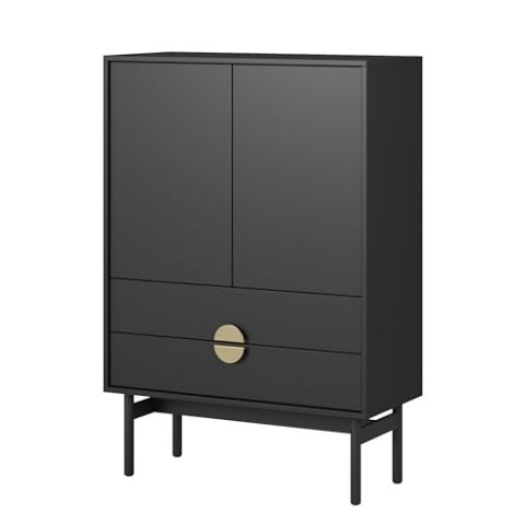 Selsey Kommode Aufbewahrungsschrank 2 Türen 2 Schubladen Schrank Schubladenschrank Hoch 85 cm Stoon Schwarz