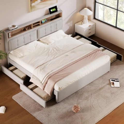 OKYION Polsterbett Stauraumbett 160x200cm Doppelbett mit Lattenrost und 4 Schubladen, USB und Typ-C Ladefunktion, Leinen(Ohne Matratze), Beige