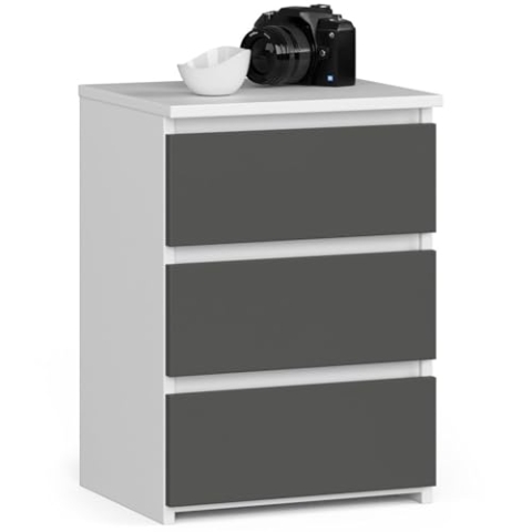 AKORD | Nachttisch Kommode CL-3 mit 3 Schubladen | für das Wohnzimmer Schlafzimmer Schrank Büro Arbeitszimmer | Modernes Funktionales Design | B40 x H57 x T35 cm, Gewicht 26 kg | Weiß | Graphitgrau