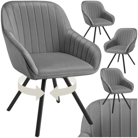 tectake® drehbare Esszimmerstühle mit Armlehne, Schalenstuhl ergonomisch mit Samt Bezug, gesteppt, Stühle drehbar für Wohnzimmer, Esstisch, Arbeitszimmer, Schminktisch, Küchenstühle - 4er Set, grau