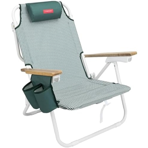 Flamingueo Strandstuhl, Gepolsterte Kopf- und Armlöcher, 5-Fach liegend, Fußstütze und Armlehnen Komfort, Tragegriffe Rucksack Einfacher Transport, 59 x 62,5 x 77,5 cm