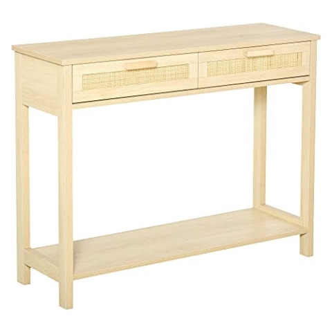 HOMCOM Konsolentisch Beistelltisch Rattan-Design mit 2 Schubladen Sideboard Eingang MDF Spanplatte 100 x 30 x 76 cm