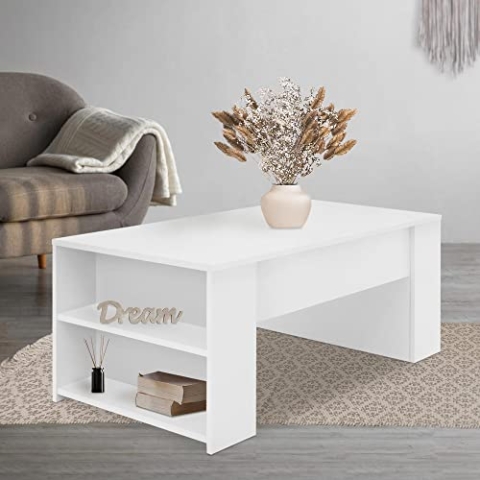 ML-Design Couchtisch in Weiß 100 x 60 x 42 cm, Geräumiger Wohnzimmertisch mit 2 Fächern an den Seiten, Moderner Sofatisch mit viel Stauraum, Holz Beistelltisch, Wohnzimmer Kaffeetisch Holztisch Tisch