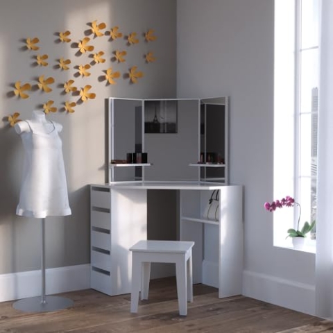 Vicco Frisiertisch für die Ecke Arielle, Kosmetiktisch mit Spiegel, Weiß, 110 cm