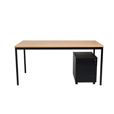 furni24 Schreibtisch und Metall Rollcontainer, rechteckiger Schreibtisch mit Metalluntergestell Höhenausgleichsniveauschrauben, Schreibtisch fürs Heim und Büro, Computertisch, buche 200x80x75 cm