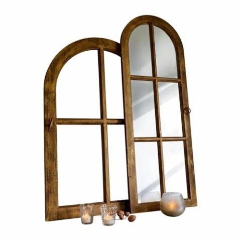 Loberon Spiegel und Deko-Fenster 2er Set Crowley, Zwei Größen, Aufgesetzte Sprossen, Nostalgischer Charme, Wohn-Accessoire, Tannenholz, Spiegelglas, braun/Gold