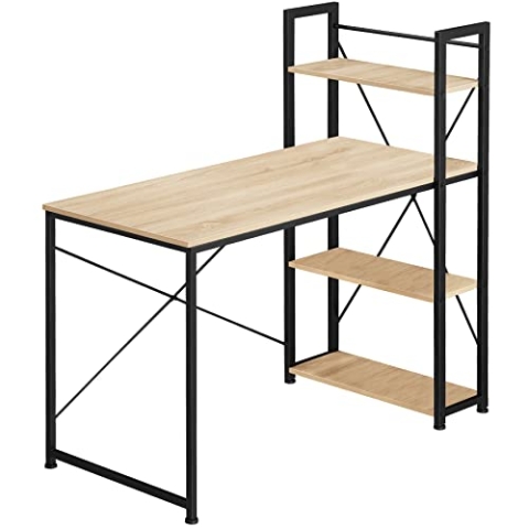 tectake Schreibtisch mit Regal, 122 x 61 x 120 cm, Computertisch im Industrie-Design mit 3 Ablagen, Bürotisch aus Holz und Metall, schwarzes Metallgestell (Industrial Holz hell, Eiche Sonoma)