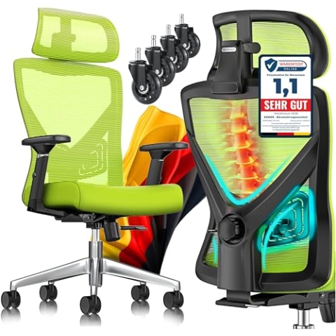 KESSER® Bürostuhl Ergonomisch mit verstellbaren Armlehnen | Drehstuhl mit Lendenwirbelstütze Rückenschonend | Schreibtischstuhl mit Kopfstütze | Office Chair Wippfunktion bis 125° mit 5X Gummirollen