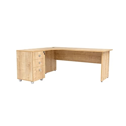 furni24 Schreibtisch Winkelschreibtisch, Eckschreibtisch, Moderner Bürotisch Computertisch mit großer Arbeitsfläche, Holzbeinen, Bürotisch, PC Tisch, Dona Eiche inkl.Beistellcontainer Links gewinkelt