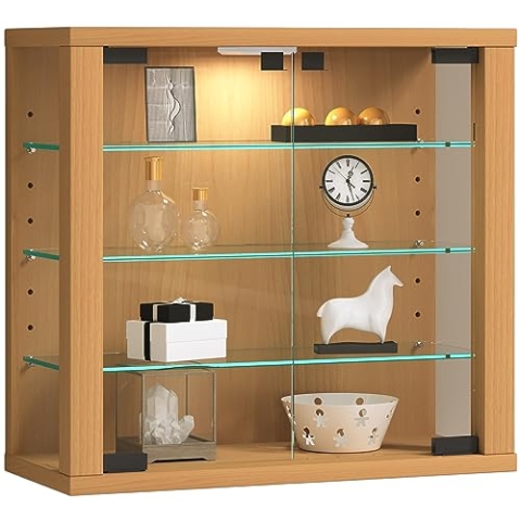 VCM Glasvitrine Hängend | Vitrine Mit ESG-Sicherheitsglas | Maße: H. 40 x B. 43 x T. 18 cm | Modern und Platzsparend | Vitrinenschrank - Vitrosa S Buche