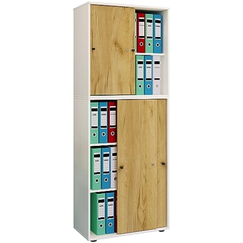 VCM Büroschrank mit 5 Fächern | moderner Aktenschrank mit Schiebetüren | Maße ca. B. 70 x H. 184 x T. 37 cm – Lona 5-Fach Weiß/Honig-Eiche