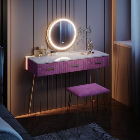 Vicco Schminktisch Layla, Rosa/Weiß, 100 cm mit LED Beleuchtung und Hocker