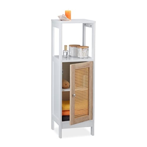 Relaxdays Badezimmerschrank, 3 Fächer, HBT 96,5 x 30 x 30 cm, schmal, MDF, Rattanoptik, Midischrank für Bad, weiß/Natur