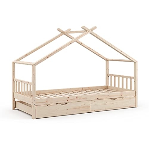 VitaliSpa Hausbett Design, Bett aus Holz, Naturholz, 90x200 cm mit Gästebett