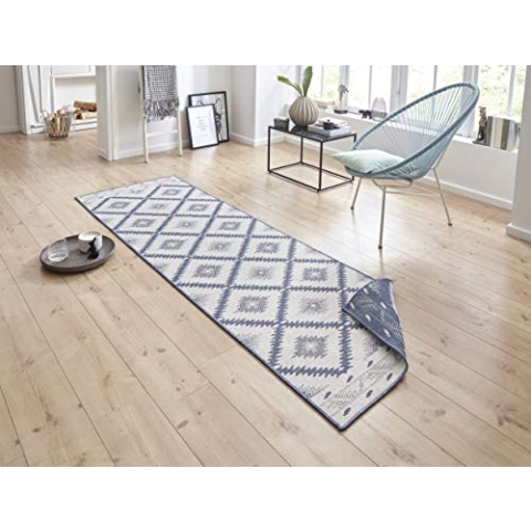 NORTHRUGS In- und Outdoor Teppich Malibu 80x250cm - Wendeteppich Wetterfest Modern Geometrisches Muster Läufer für Balkon Terrasse Garten Wintergarten Wohnzimmerteppich Wasserfest in Blau Creme