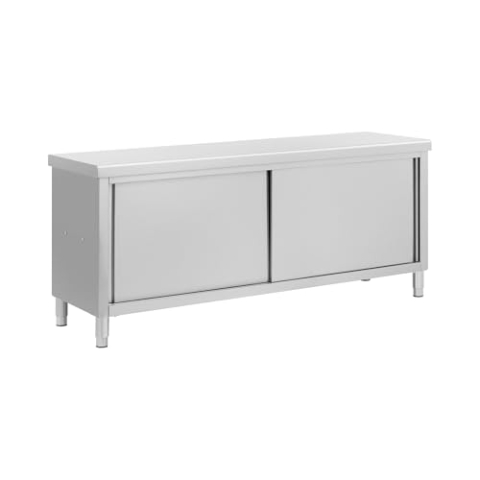 Royal Catering Edelstahl-Arbeitsschrank mit Durchreiche 200 x 60 cm 1 Einlegeboden 500 kg max. Tragkraft verstärkte Oberfläche höhenverstellbare Füße Durchreicheschrank Edelstahlschrank Gastro