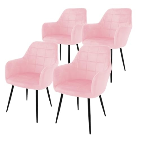 ECD Germany 4er Set Esszimmerstühle mit Rücken- und Armlehnen, Rosa, Küchenstühle mit Samtbezug, Polsterstühle mit Metallbeinen, Ergonomische Stühle für Esstisch, Wohnzimmerstühle Esszimmerstuhl