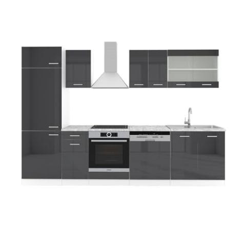 Vicco Küchenzeile R-Line, Küchenblock, Anthrazit Hochglanz/Weiß, 300 cm, AP Marmor