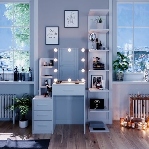 Vicco Schminktisch Conrada, Kosmetiktisch mit Spiegel, Weiß, 80 cm mit LED Beleuchtung