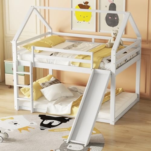 OKYION OKION Etagenbett Kinderbett 140x200cm mit Rutsche, Hochbett mit Rausfallschutz, Massivholzbett Stockbett mit Lattenrost(Unterbett ohne Lattenrost) Jugendbett Bettgestell, Grau